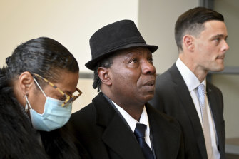 Anthony Broadwater, centre, gazes upward after Judge Gordon Cuffy overturned the 40-year-old rape conviction that wrongfully put him in state prison for 16 years for Alice Sebold’s rape. 