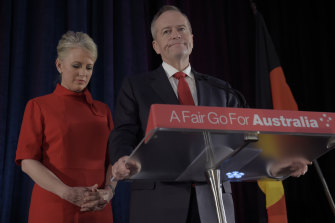 Labor’s then leader, Bill Shorten, with wife Chloe, concedes defeat on May 18, 2019. 