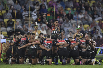 Latrell Mitchell performs the memorable Indigenous All Stars war dance in 2020. 
