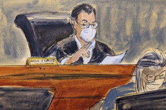 Judge Alison Nathan, pictured in a court sketch, said there was a “high and escalating risk that jurors and/or trial participants may need to quarantine”.