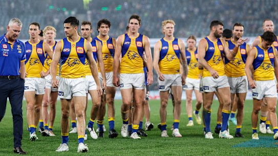 West Coast walk glumly from Marvel stadium on Saturday.