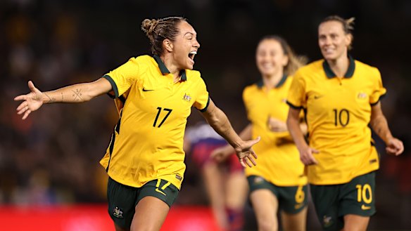 Kyah Simon celebrates her late equaliser for the Matildas against the US in Newcastle on Tuesday.