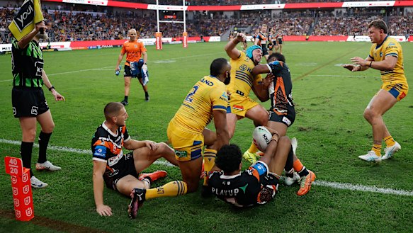 Sunia Turuva was one of three players sent to the sin bin in the game following this tussle with Ryley Smith.