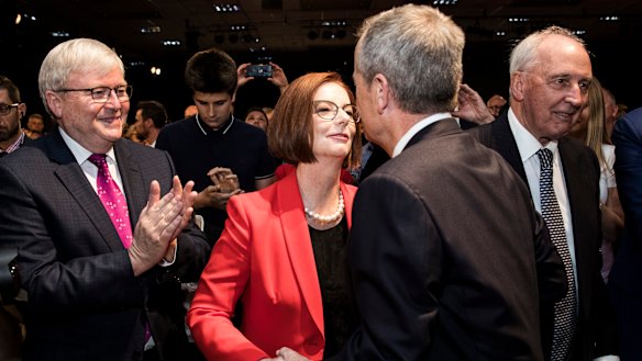 Bill Shorten welcomes former Labor PMs Kevin Rudd, Julia Gillard and Paul Keating ahead of the launch.