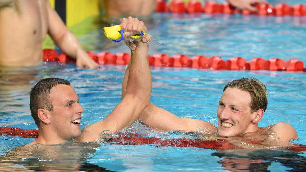 One-two finish: Kyle Chalmers, left, and Mack Horton celebrate after the 200m freestyle.