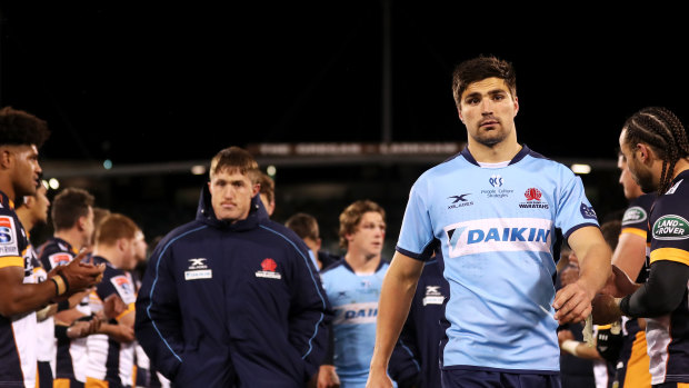 The Waratahs trudge from GIO Stadium after a 27-point loss to the Brumbies in August. 