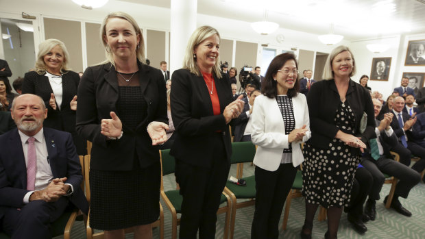 Melissa McIntosh, Sarah Richards, Angie Bell, Gladys Liu and Bridget Archer are welcomed in the party room meeting.