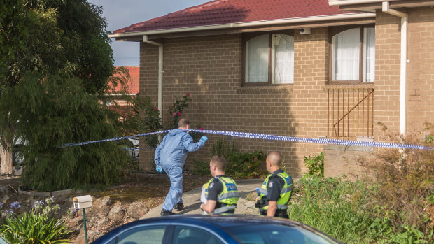 Crime scene staff on the scene after the woman was killed in her Hallam property in January. 