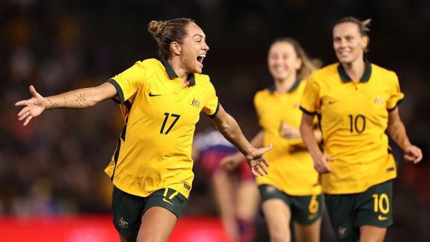 Kyah Simon celebrates her late equaliser for the Matildas against the US in Newcastle on Tuesday.