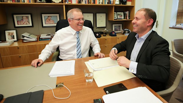 Prime Minister Scott Morrison and Treasurer Josh Frydenberg during a meeting at Parliament House.