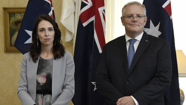 New Zealand Prime Minister Jacinda Ardern, left, stands with Australian Prime Minister Scott Morrison in Sydney last month.