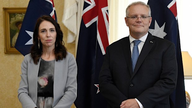 New Zealand Prime Minister Jacinda Ardern, left, stands with Australian Prime Minister Scott Morrison in Sydney last month.