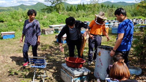 Li Jing’ai (left), 64, looks over while her husband and two sons are working on the honey farm.