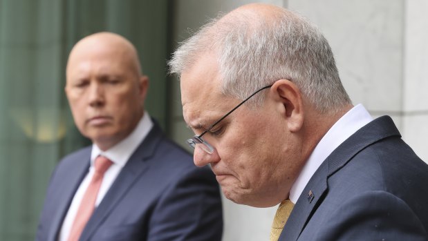 Minister for Defence Peter Dutton and Prime Minister Scott Morrison during a press conference at Parliament House in Canberra on Tuesday