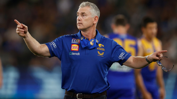 Adam Simpson marshals his troops in the Eagles’ clash with North Melbourne.