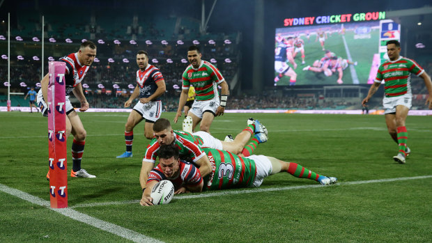 Joseph Manu crashes over for a try against the Rabbitohs in week one of the finals.