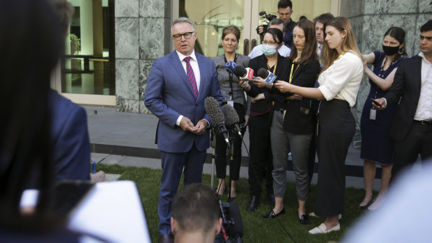 Labor MP Joel Fitzgibbon addresses the media at a doorstop interview following the announcement of his resignation from the Labor frontbench on Tuesday.