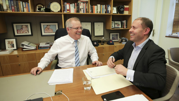 Prime Minister Scott Morrison and Treasurer Josh Frydenberg during a meeting at Parliament House.