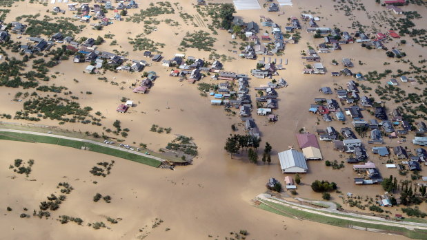 An aerial picture shows floods in Nagano. 