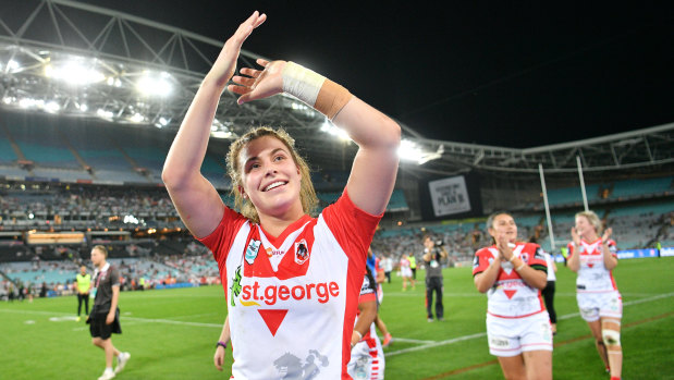Salute: Jessica Sergis of the Dragons celebrates their NRLW victory over the Warriors.