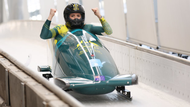 Bree Walker reacts during heat four of the women’s monobob bobsleigh  at the National Sliding Centre in Yanqing, China.