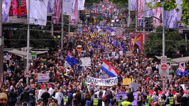 Protesters march through central Melbourne on Saturday.