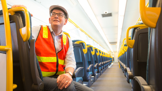 Premier Daniel Andrews  on board a new VLocity train in Dandenong on Monday.