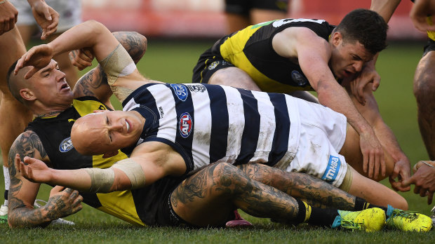 Flat out: Geelong's Gary Ablett gets caught in a contest.