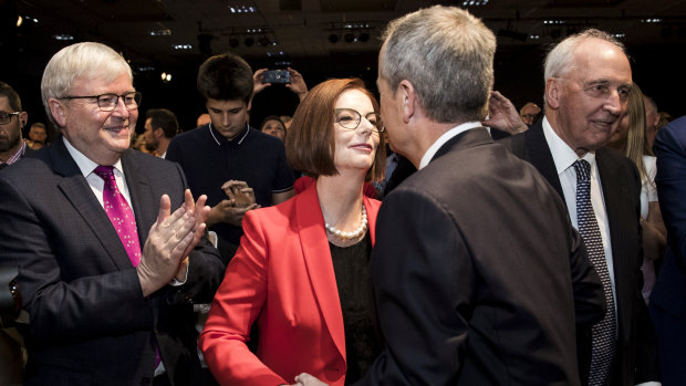 Bill Shorten welcomes former Labor PMs Kevin Rudd, Julia Gillard and Paul Keating ahead of the launch.