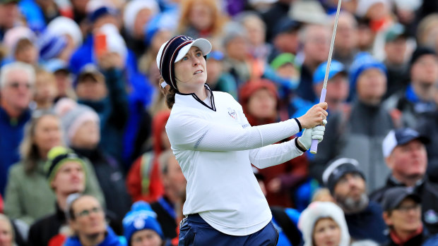 Brittany Altomare of Team USA plays a shot from the 10th tee during day two of the Solheim Cup at Gleneagles.