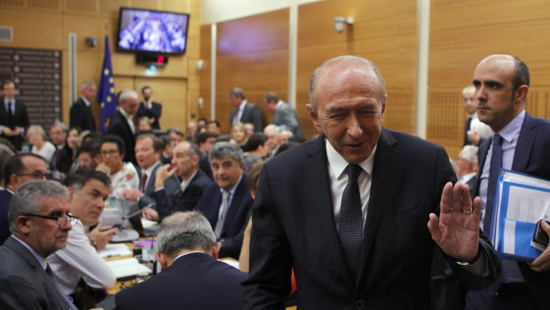 French Interior Minister Gerard Collomb, at a hearing with the deputies of the Laws Commission concerning the case of Macron's security aide Alexandre Benalla, at the National Assembly in Paris on Monday.
