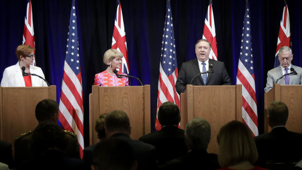US Secretary of State Mike Pompeo, second from right, speaks at a 2018 Australia-US Ministerial press conference.