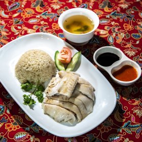 Hainanese chicken rice.
