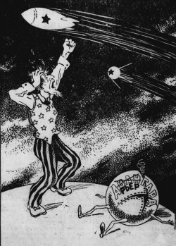 This Soviet cartoon depicts an Irate Uncle Sam shaking his first at Sputnik as a broken U.S. satellite lies at his feet.