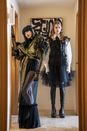 Fashion designer Gail Sorronda with Liana Lottie in an outfit from her In Dreams collection for Australian Fashion Week, photographed at Oxford House.