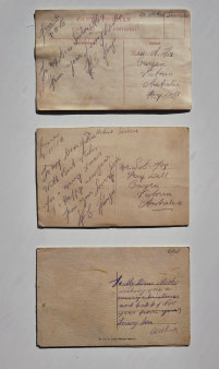 The writing side of the postcards from Charlie Runga and Arthur Fox.