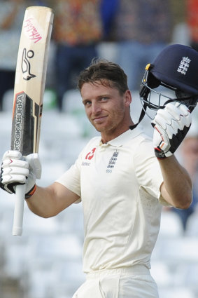 Brave knock: Jos Buttler celebrates his maiden Test century earlier this year.