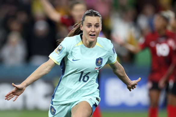 Australia’s Hayley Raso celebrates after scoring Australia’s second goal against Canada.