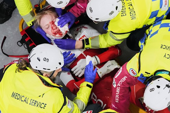 Kamila Sellier after copping a speed skating blade to her face.