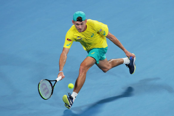 Alex de Minaur pictured in his ATP Cup semi-final singles match against Rafael Nadal. 