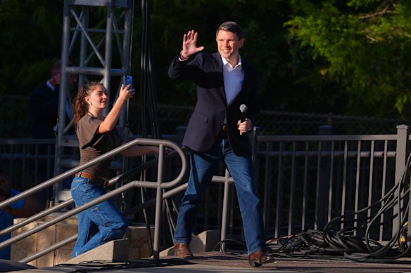 US Senate candidate Jams Talarico at a campaign rally in Plano, Texas. He has condemned Elon Musk’s spending on the Texas Senate race.