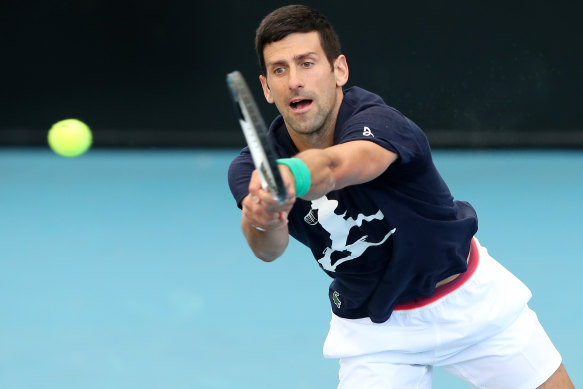 Novak Djokovic practices at Memorial Drive on Thursday ahead of the 2023 Adelaide International.