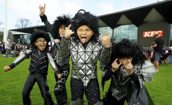 Elias, 7, Quba, 6, Cuban, 7, and Isaiah, 8, pictured at the Collingwood family day at AIA Vitality Centre on Sunday.