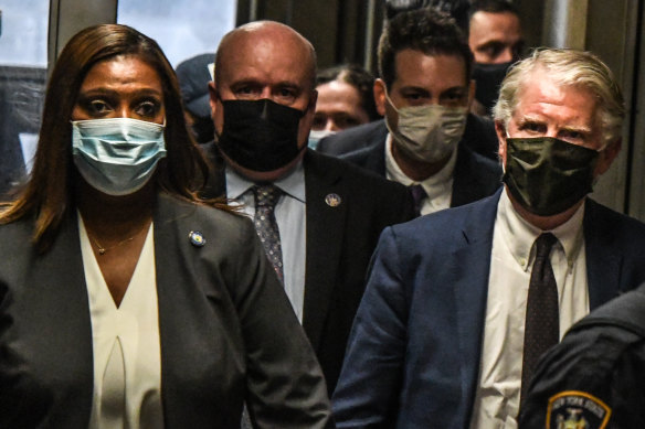 New York Attorney-General Letitia James and Cyrus Vance, Manhattan district attorney, walk to the courtroom.