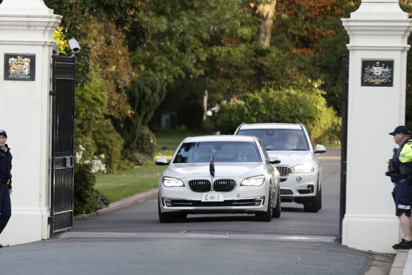 Prime Minister Scott Morrison departs Government House after meeting with the Governor-General to call the 2019 election.