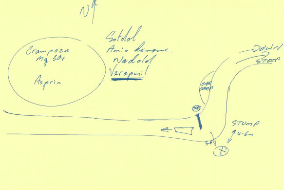 A map Lynn drew for police of Union Spur Track, where he burnt the campers’ remains. On the left is a list of medications he was on at the time.