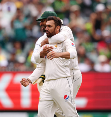 Agha Salman celebrates a wicket in the first innings.