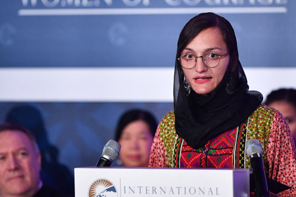Zarifa Ghafari of Afghanistan speaks  during the annual International Women of Courage (IWOC) Awards ceremony at the State Department in Washington in 2020.