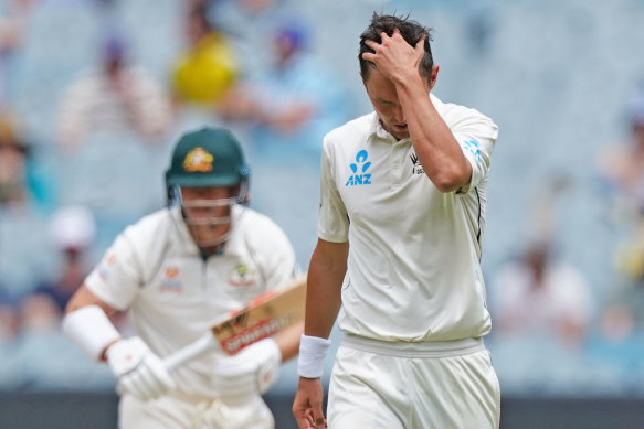 Injured: Black Cap Trent Boult on day three of the Boxing Day Test. 