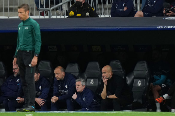 A crestfallen Pep Guardiola at the Bernabeu.